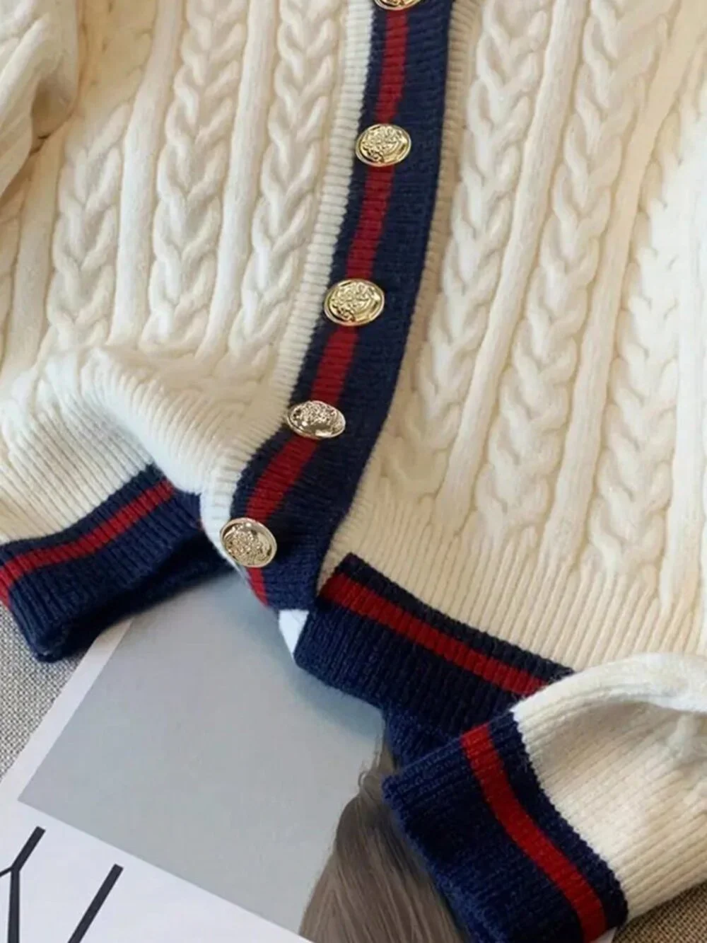 Apricot Casual Women's Striped Contrast Color Button Knit Cardigan